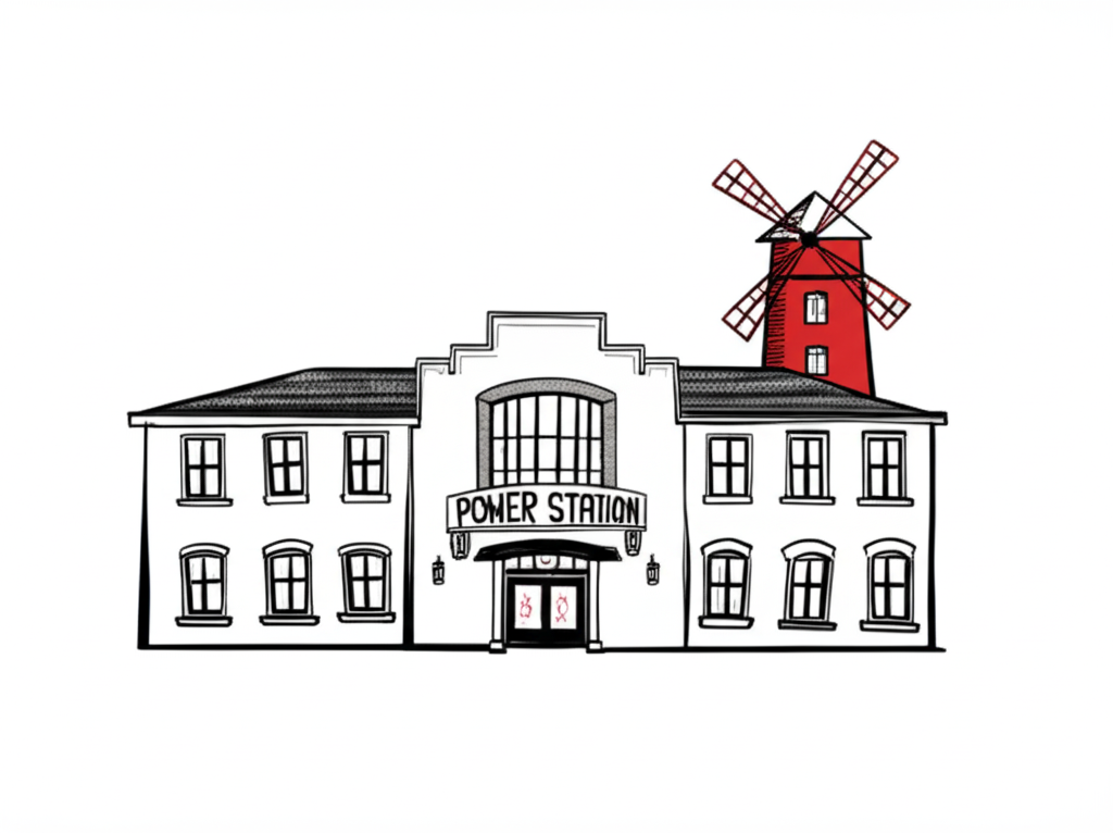 Illustration of McMenamins Edgefield Power Station with a red windmill