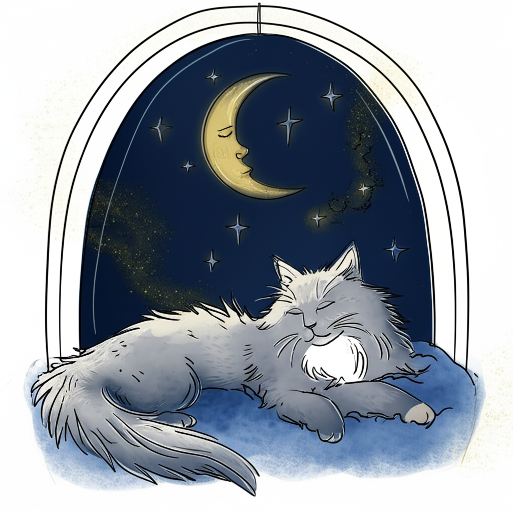 Illustration of a cat sleeping under a crescent moon in a window